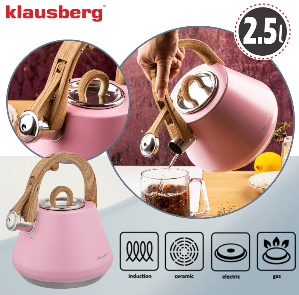 Virdulys plieno su gwizdkiem 2,5 l rožinė, indukcija, klausberg kb-9064
