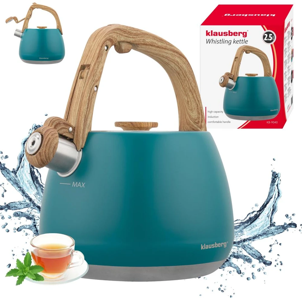 Virdulys, Nerūdijančio plieno švilpimo virdulys, mėlynas, su medine rankena, talpa 2,5 l, Klausberg, kb-9040