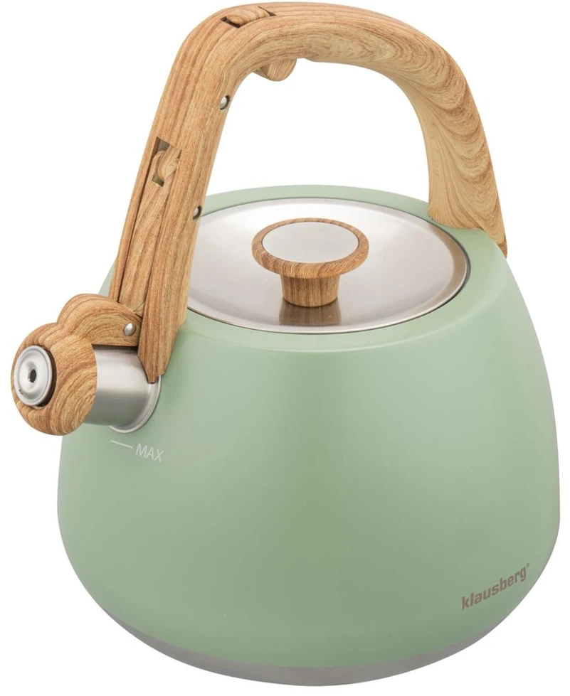 Virdulys, Nerūdijančio plieno švilpimo virdulys, pistacijų spalvos su medine rankena, talpa 2,5 l, Klausberg, kb-9039