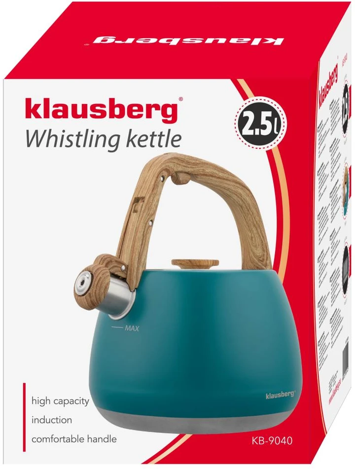 Virdulys, Nerūdijančio plieno švilpimo virdulys, mėlynas, su medine rankena, talpa 2,5 l, Klausberg, kb-9040