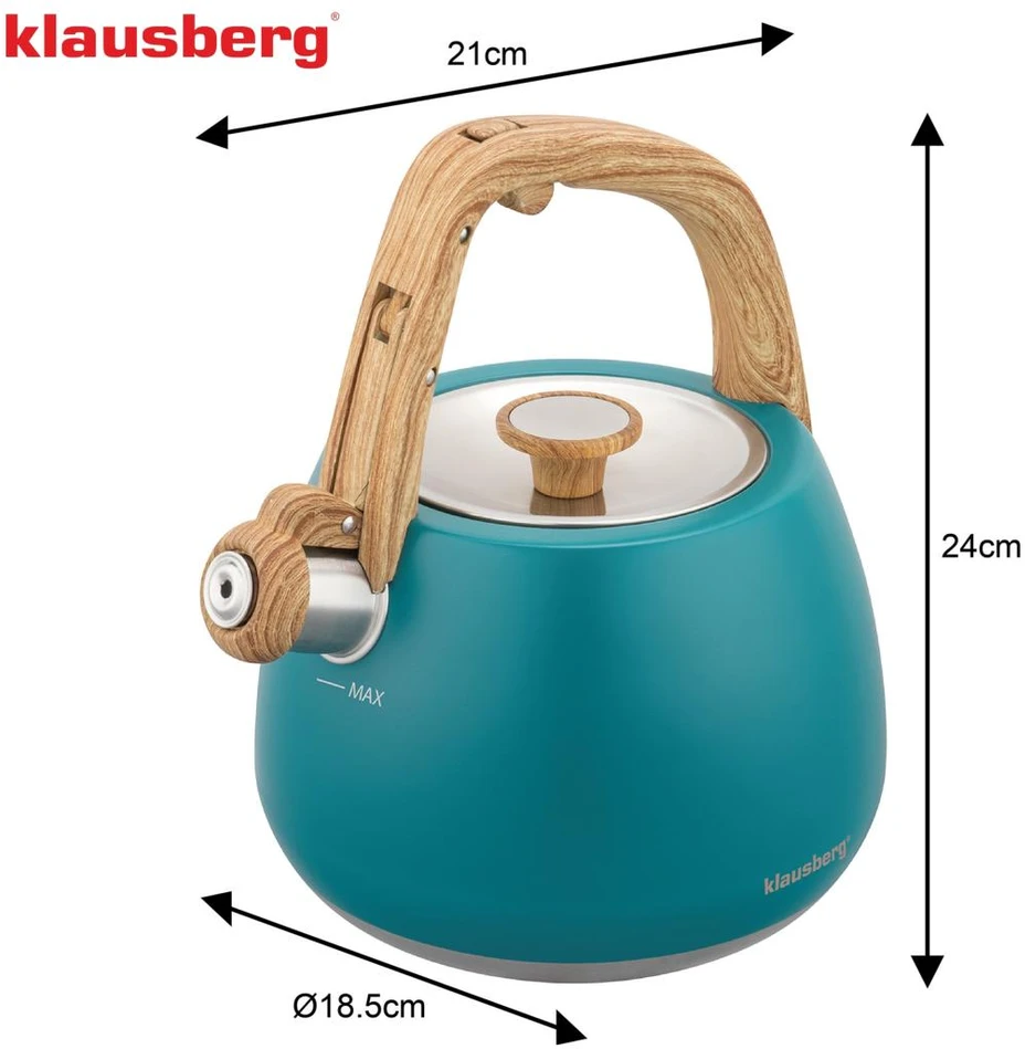 Virdulys, Nerūdijančio plieno švilpimo virdulys, mėlynas, su medine rankena, talpa 2,5 l, Klausberg, kb-9040