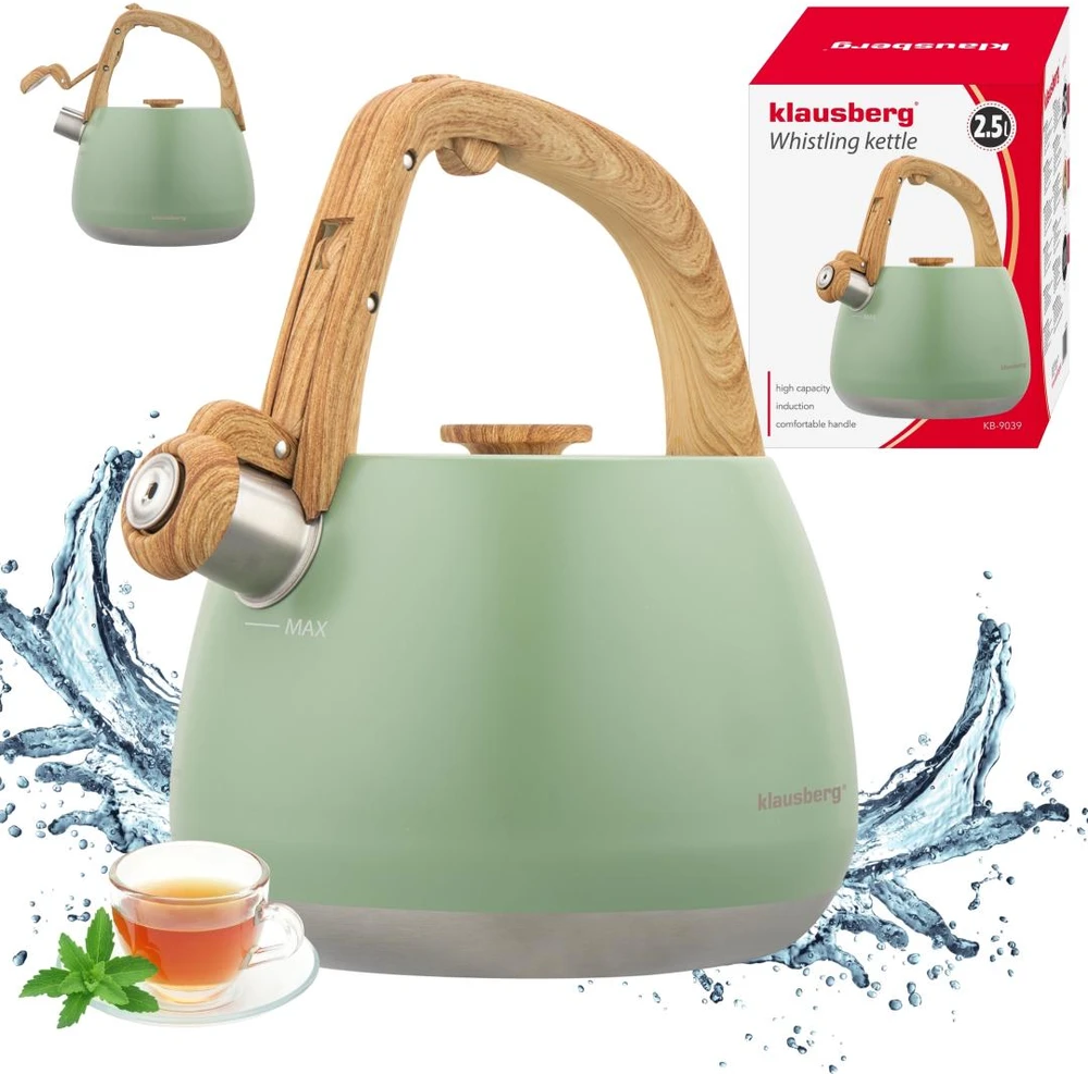 Virdulys, Nerūdijančio plieno švilpimo virdulys, pistacijų spalvos su medine rankena, talpa 2,5 l, Klausberg, kb-9039