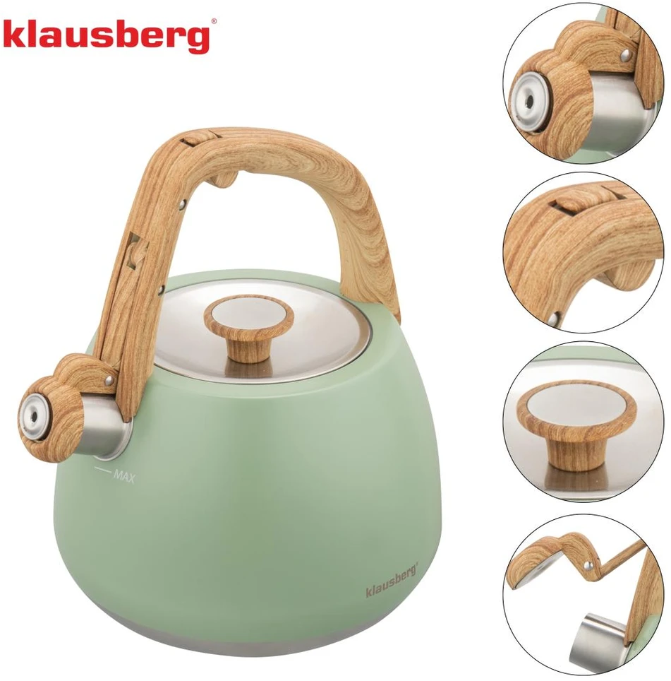 Virdulys, Nerūdijančio plieno švilpimo virdulys, pistacijų spalvos su medine rankena, talpa 2,5 l, Klausberg, kb-9039