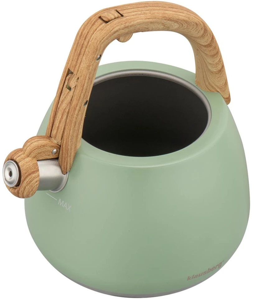 Virdulys, Nerūdijančio plieno švilpimo virdulys, pistacijų spalvos su medine rankena, talpa 2,5 l, Klausberg, kb-9039