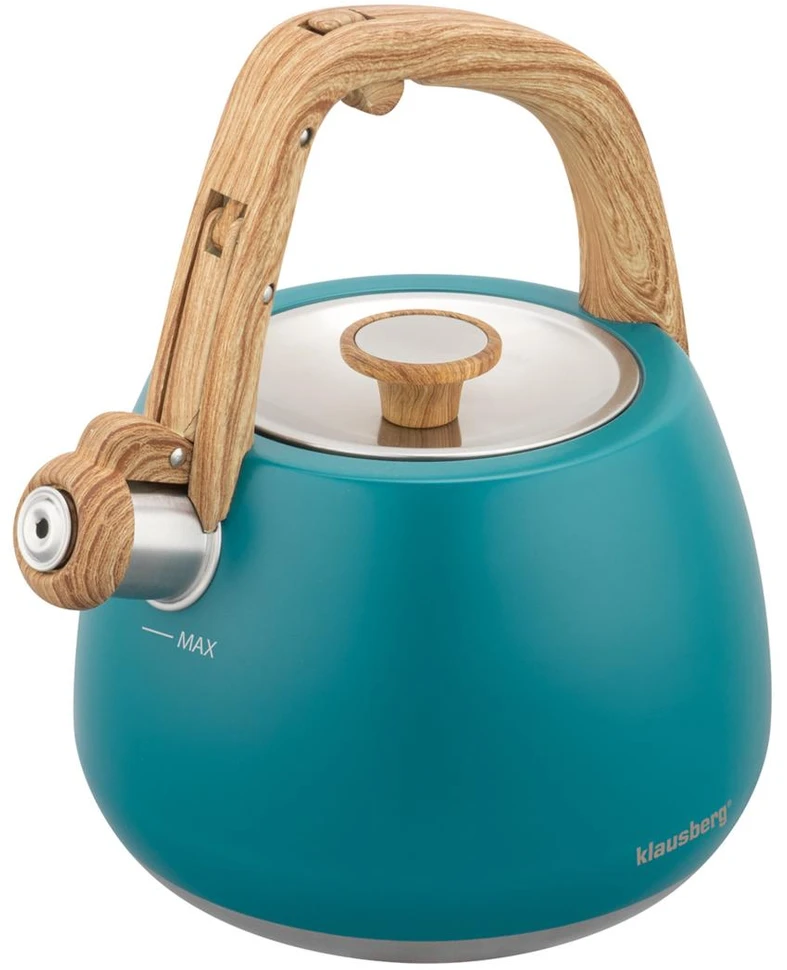 Virdulys, Nerūdijančio plieno švilpimo virdulys, mėlynas, su medine rankena, talpa 2,5 l, Klausberg, kb-9040
