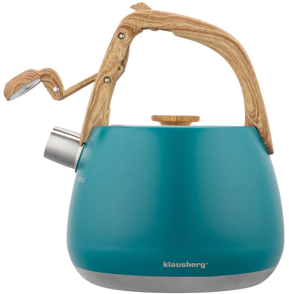 Virdulys, Nerūdijančio plieno švilpimo virdulys, mėlynas, su medine rankena, talpa 2,5 l, Klausberg, kb-9040