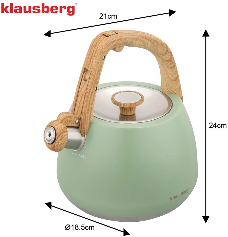 Virdulys, Nerūdijančio plieno švilpimo virdulys, pistacijų spalvos su medine rankena, talpa 2,5 l, Klausberg, kb-9039
