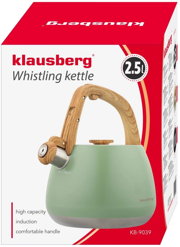 Virdulys, Nerūdijančio plieno švilpimo virdulys, pistacijų spalvos su medine rankena, talpa 2,5 l, Klausberg, kb-9039