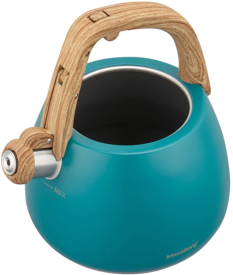 Virdulys, Nerūdijančio plieno švilpimo virdulys, mėlynas, su medine rankena, talpa 2,5 l, Klausberg, kb-9040