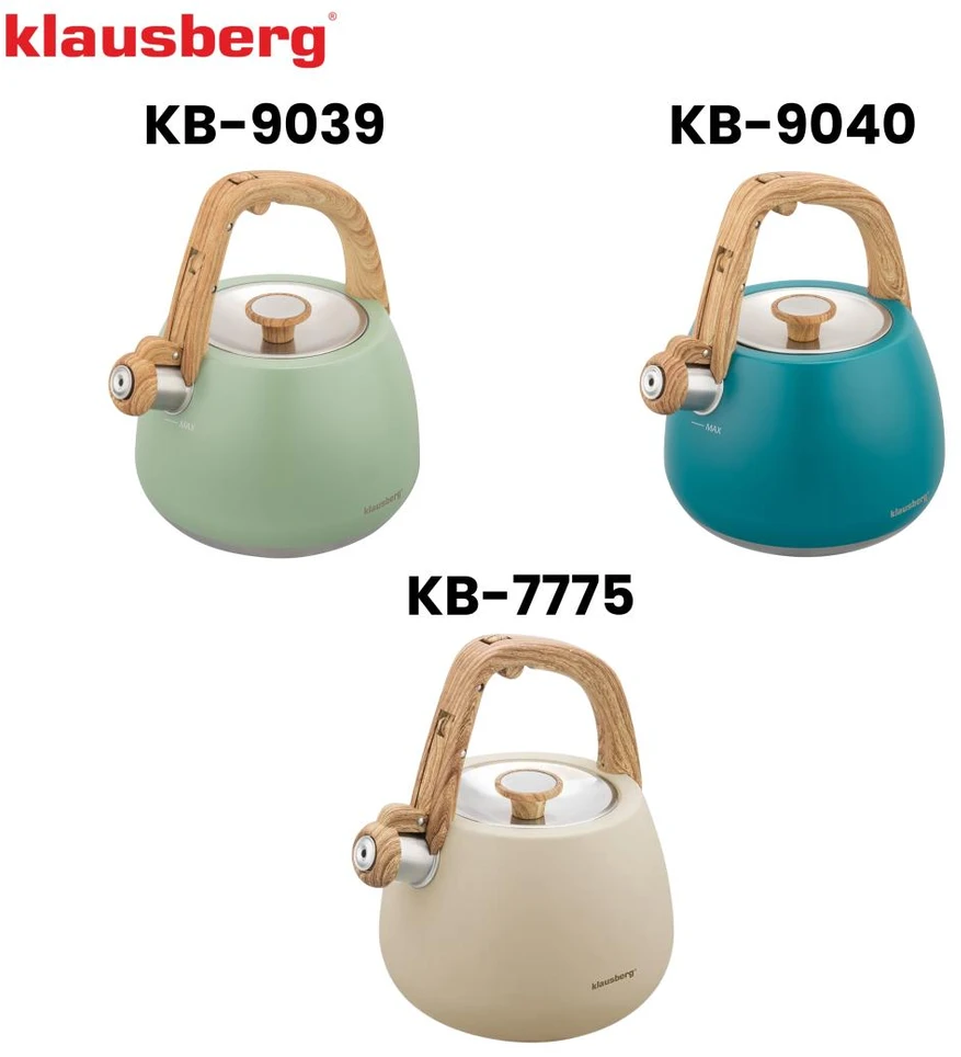 Virdulys, Nerūdijančio plieno švilpimo virdulys, pistacijų spalvos su medine rankena, talpa 2,5 l, Klausberg, kb-9039