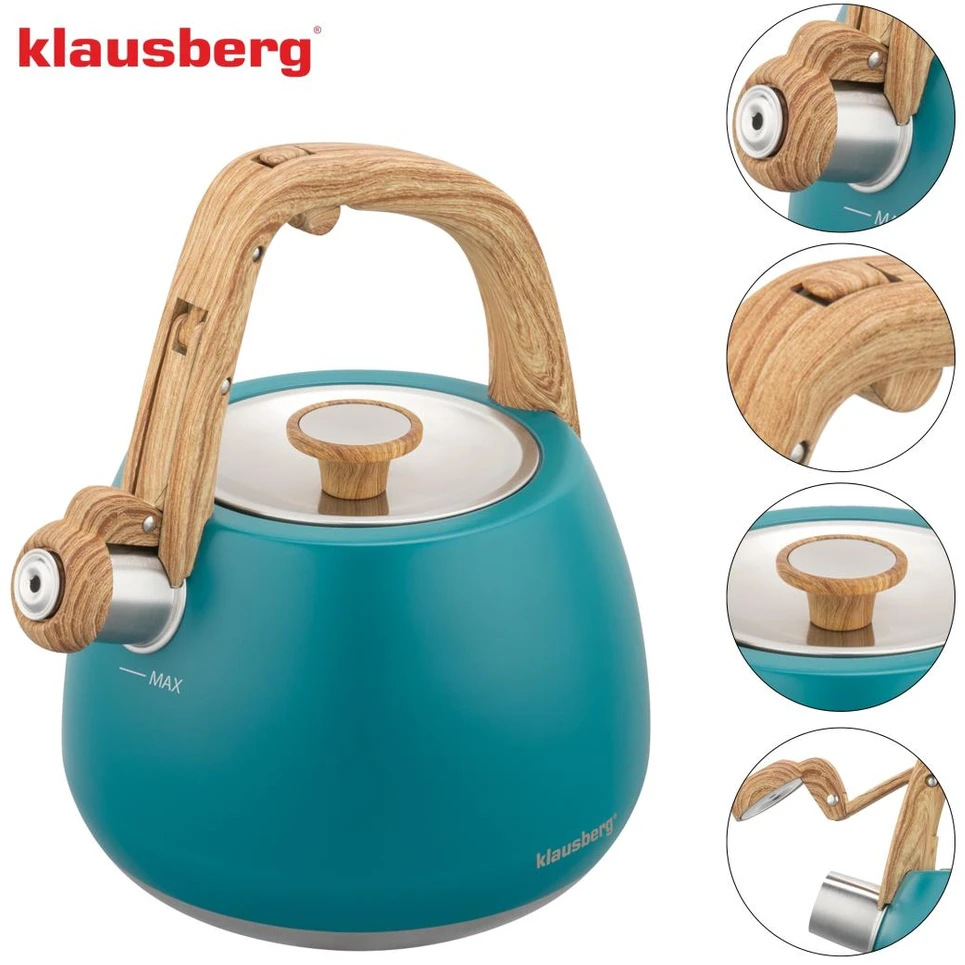 Virdulys, Nerūdijančio plieno švilpimo virdulys, mėlynas, su medine rankena, talpa 2,5 l, Klausberg, kb-9040