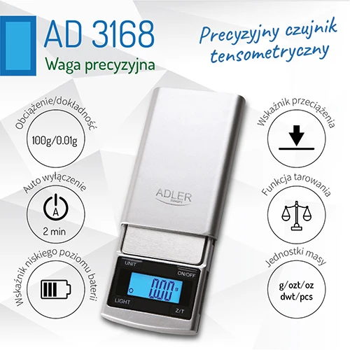 Virtuvinės svarstyklės Adler | Tikslioji skalė | AD 3168 | Sidabras
