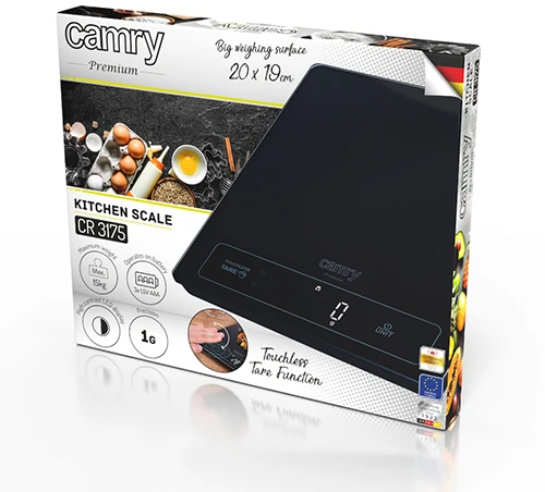 Virtuvinės svarstyklės Camry | Virtuvės svarstyklės | CR 3175 | Didžiausias svoris (talpa) 15 kg | Graduacija 1 g | Ekrano tipo LED | Juodas