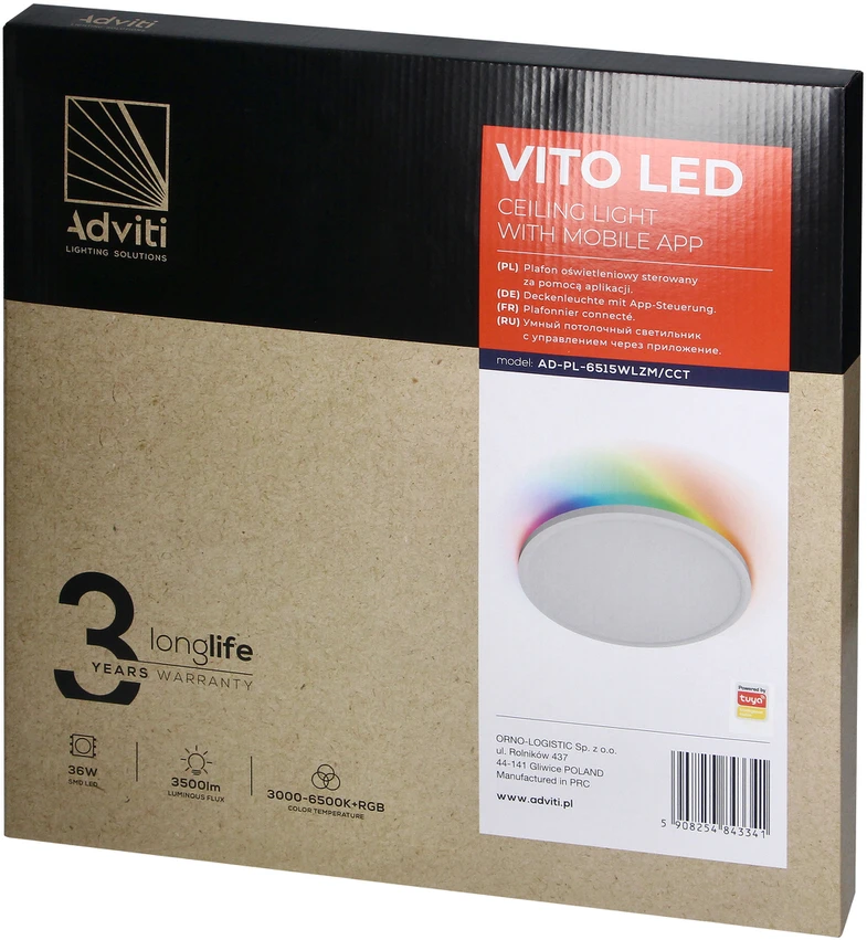 Orno VITO LED 36W, lubinis šviestuvas, 3500lm, IP20, 3000/4000/6500K + RGB, Tuya