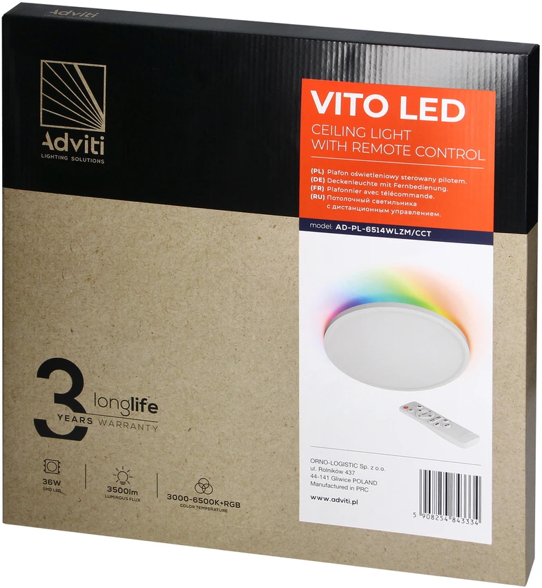 Orno VITO LED 36W, lubinis šviestuvas, 3500lm, IP20, 3000/4000/6500K + RGB, su nuotolinio valdymo pulteliu