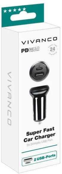 Vivanco - Automobilinis įkroviklis 1xUSB-C PD / USB-A 2x24W