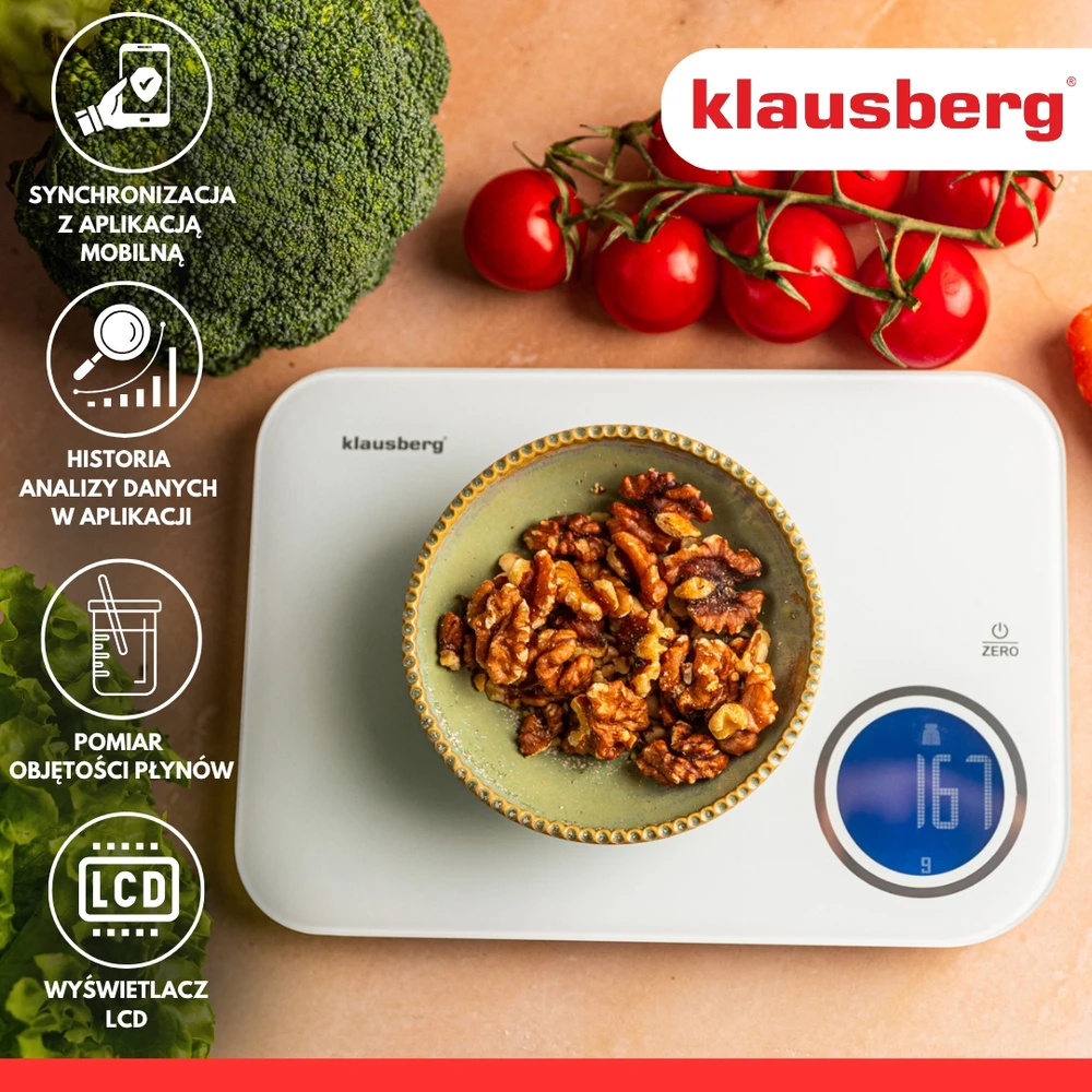 Virtuvinės svarstyklės Svarstyklės „Bluetooth“ virtuvės svarstyklės, dietinės, 5kg kalorijų analizės, grūdinto stiklo, „Klausberg“