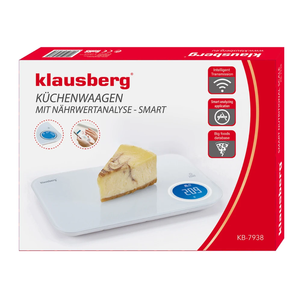 Virtuvinės svarstyklės Svarstyklės „Bluetooth“ virtuvės svarstyklės, dietinės, 5kg kalorijų analizės, grūdinto stiklo, „Klausberg“