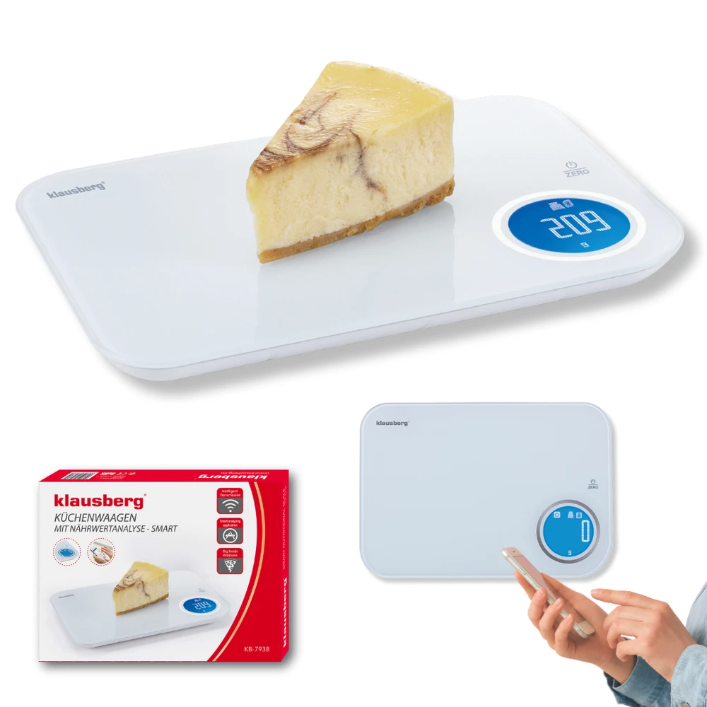 Virtuvinės svarstyklės Svarstyklės „Bluetooth“ virtuvės svarstyklės, dietinės, 5kg kalorijų analizės, grūdinto stiklo, „Klausberg“
