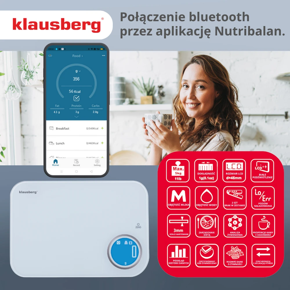 Virtuvinės svarstyklės Svarstyklės „Bluetooth“ virtuvės svarstyklės, dietinės, 5kg kalorijų analizės, grūdinto stiklo, „Klausberg“