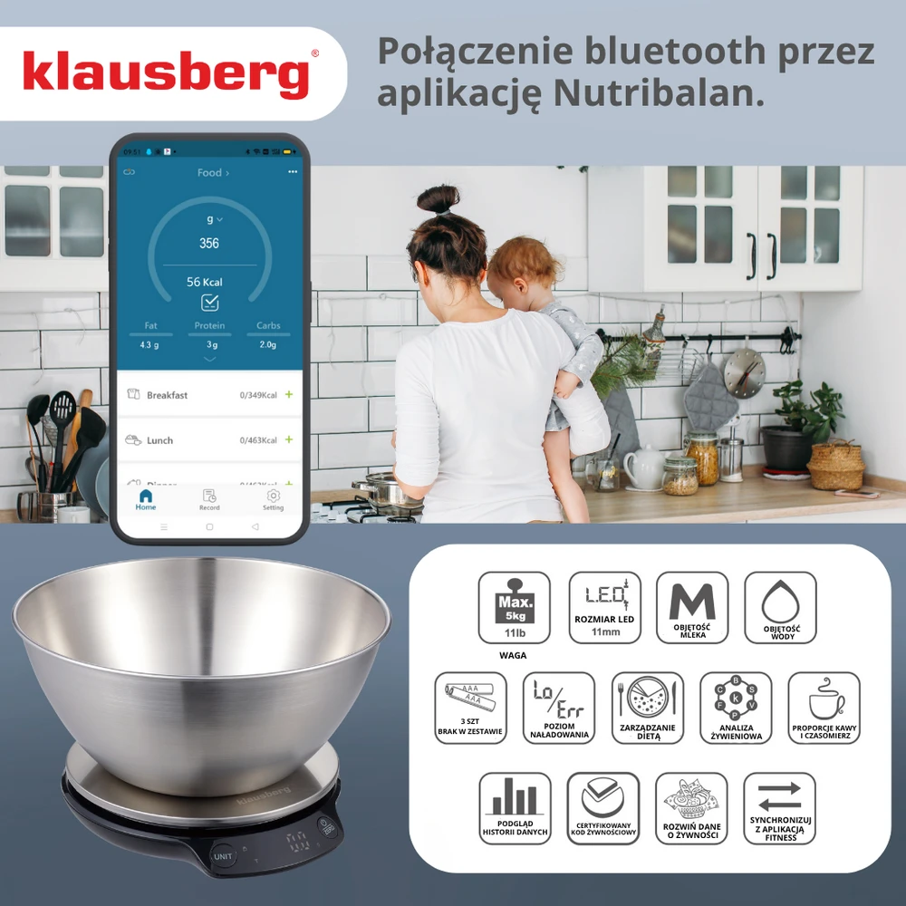 Virtuvinės svarstyklės Waga Svarstyklės Dietinės virtuvės svarstyklės su dubeniu, 1,8 l, „Bluetooth“, programėlė