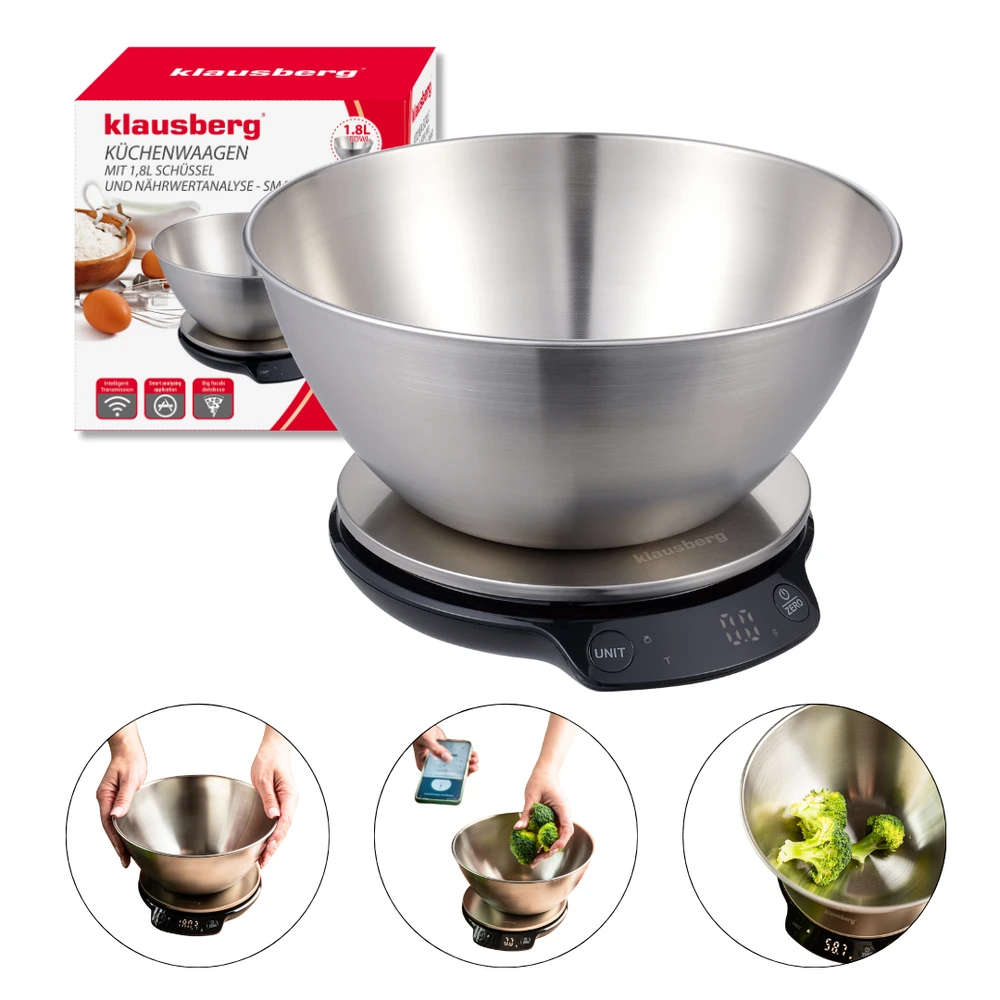Virtuvinės svarstyklės Waga Svarstyklės Dietinės virtuvės svarstyklės su dubeniu, 1,8 l, „Bluetooth“, programėlė
