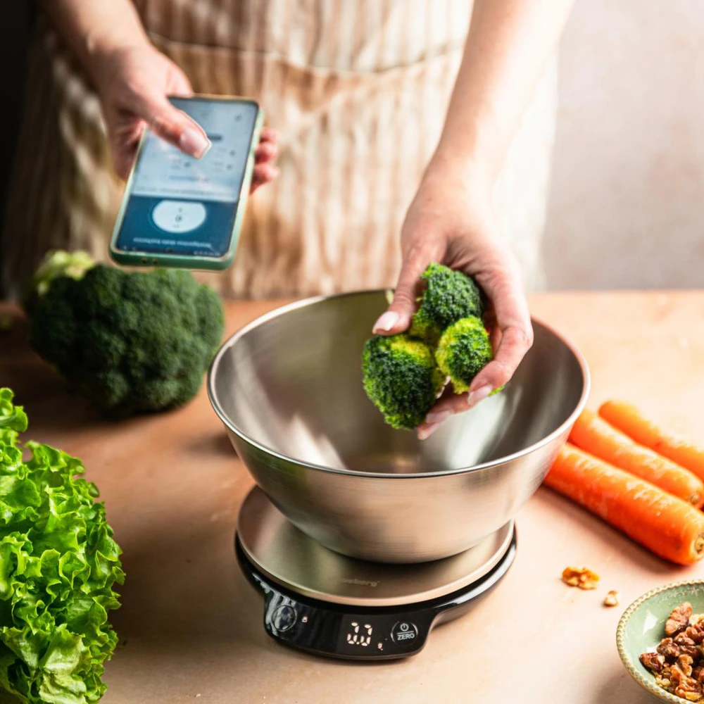 Virtuvinės svarstyklės Waga Svarstyklės Dietinės virtuvės svarstyklės su dubeniu, 1,8 l, „Bluetooth“, programėlė