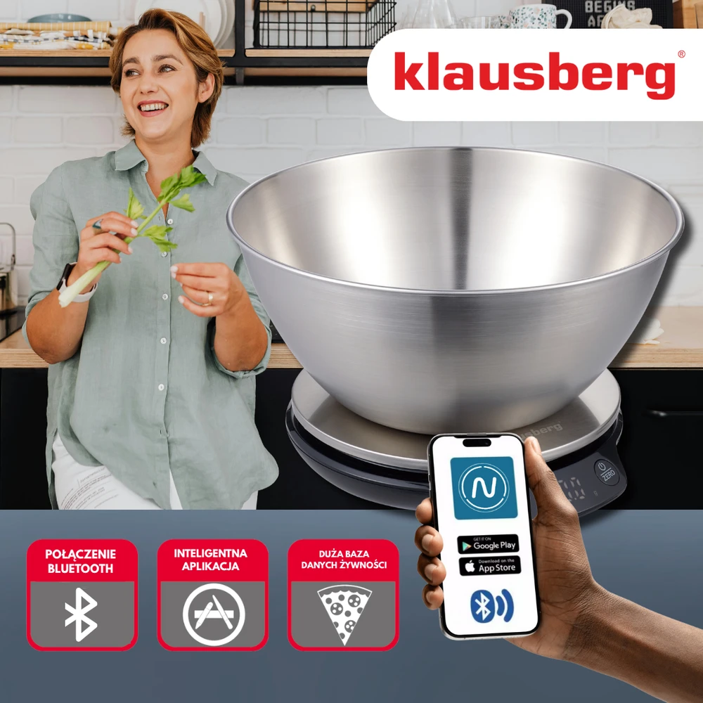 Virtuvinės svarstyklės Waga Svarstyklės Dietinės virtuvės svarstyklės su dubeniu, 1,8 l, „Bluetooth“, programėlė
