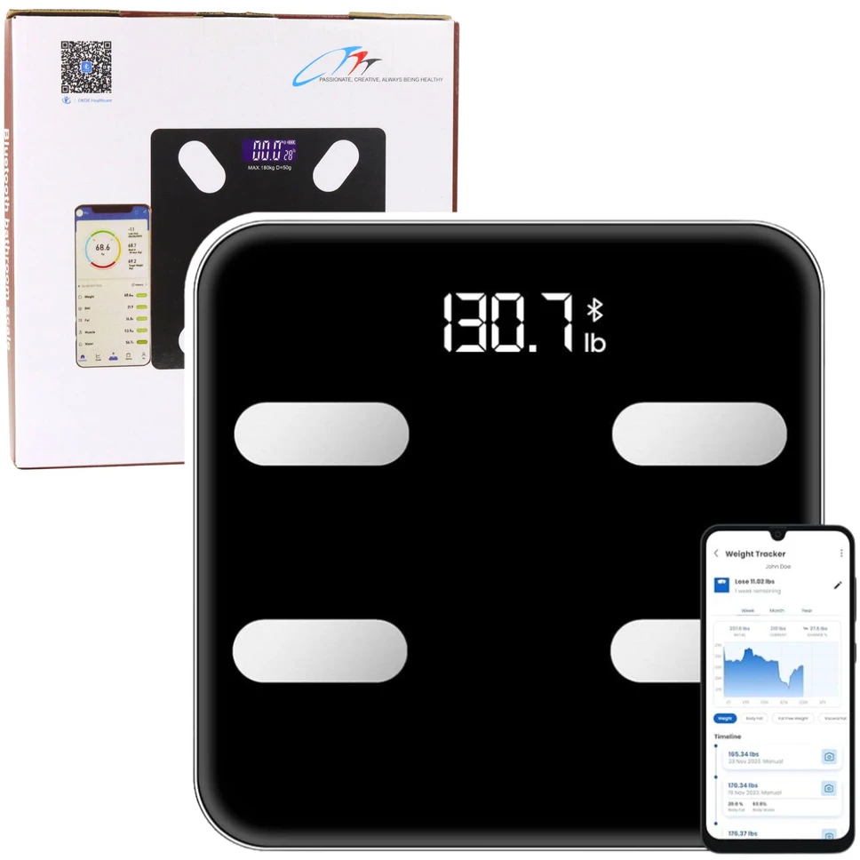 Lean Elektroninės vonios svarstyklės su Bluetooth funkcija ir LED ekranu, 28x28 cm