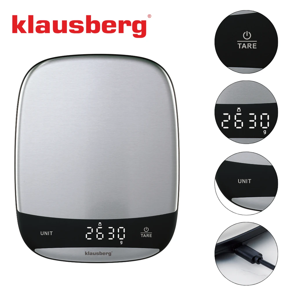 Virtuvinės svarstyklės Svarstyklės LED virtuvės svarstyklės, 10 kg, 1 g tikslumas, USB-C, tara, Klausberg