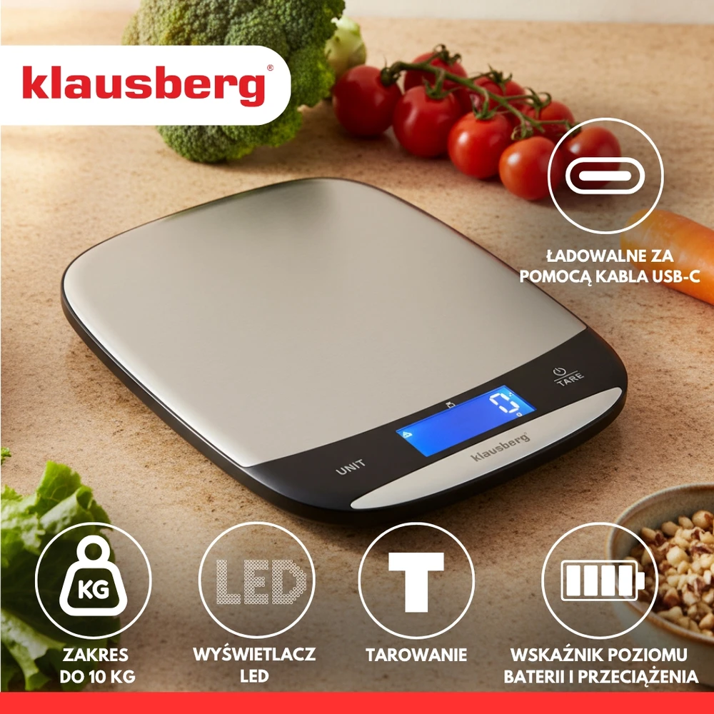 Virtuvinės svarstyklės Svarstyklės LED virtuvės svarstyklės, 10 kg, 1 g tikslumas, USB-C, tara, Klausberg