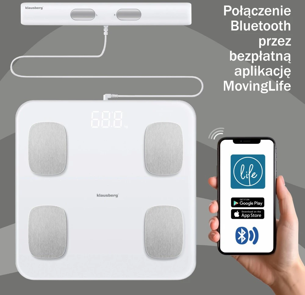 Virtuvinės svarstyklės Svarstyklės Vonios svarstyklės su rankena, elektroninės, baltos, tiksli kūno sudėties analizė, Klausberg, kb-7853