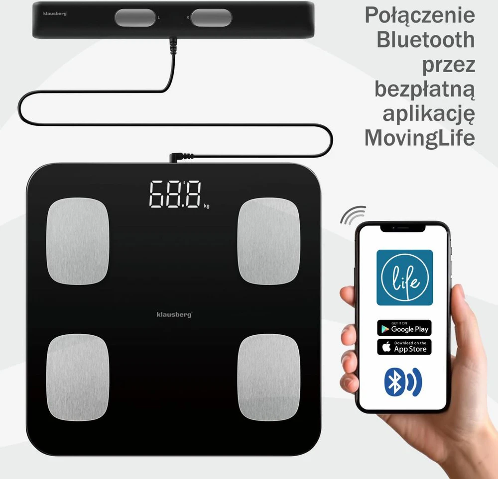 Virtuvinės svarstyklės Svarstyklės Vonios svarstyklės su rankena, elektroninės, juodos, tiksli kūno sudėties analizė, Klausberg, kb-7852