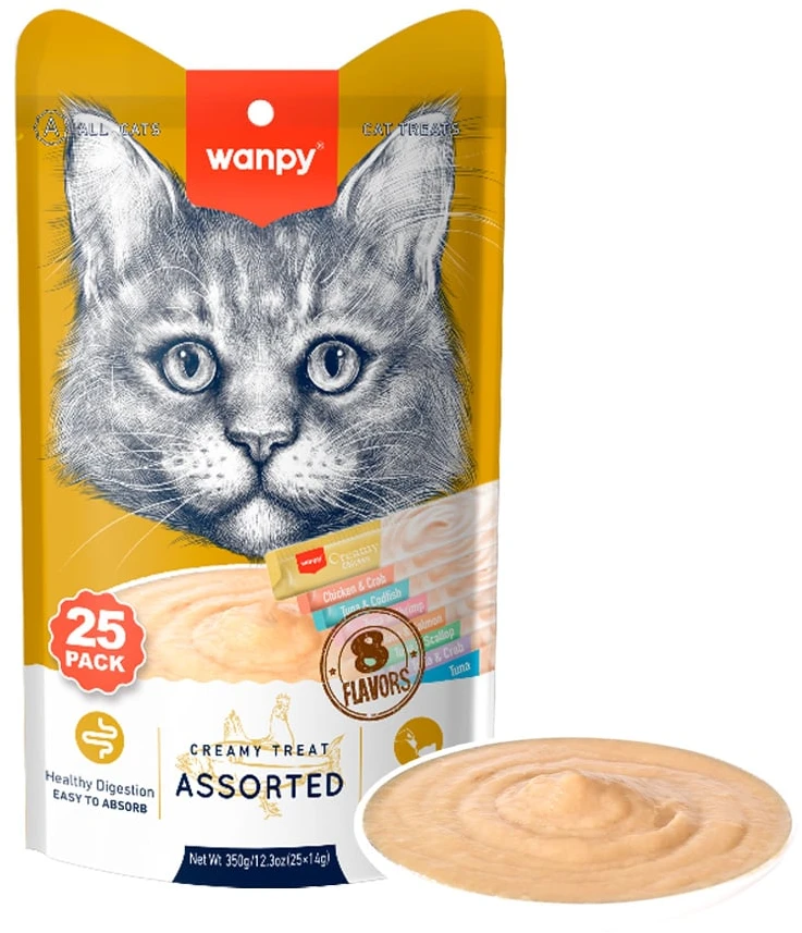 „Wanpy“ – kreminiai, laižomi skanėstai katėms, 25 vnt. pakuotėje – mišraus skonio, 350 g (25 x 14 g)
