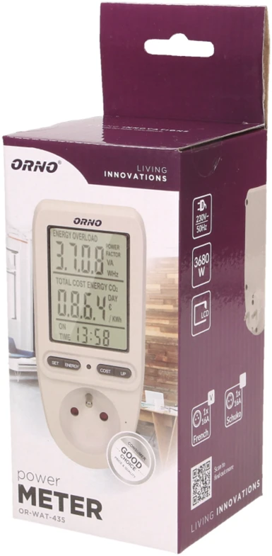 ORNO vatmetras su energijos skaičiuokle 230 V lizdui su LCD ekranu