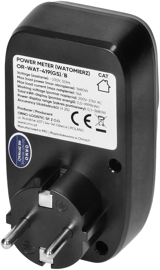 Orno Watomierz, Vatmetras, energijos skaičiuotuvas su LCD ekranu su foniniu apšvietimu, „Schuko“ versija, juodas
