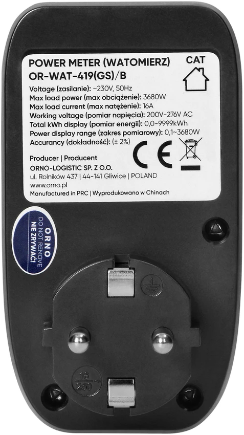 Orno Watomierz, Vatmetras, energijos skaičiuotuvas su LCD ekranu su foniniu apšvietimu, „Schuko“ versija, juodas