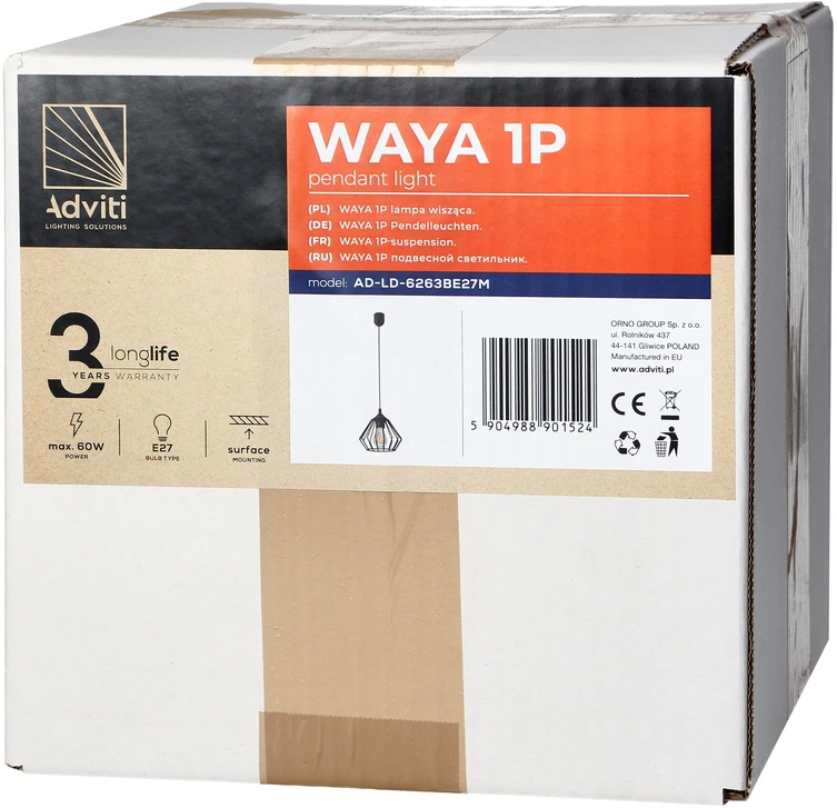 Orno WAYA pakabinamas šviestuvas, maks. galia 1x18W, E27, juodas