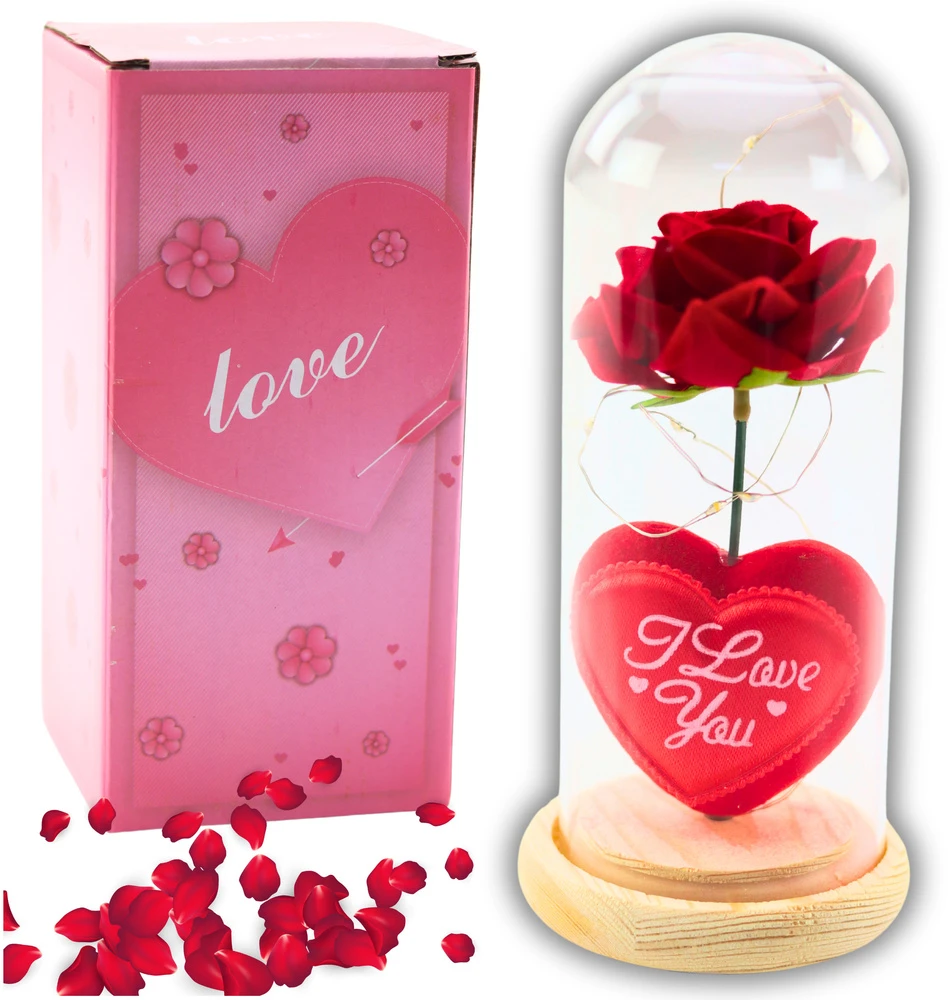 Lean Amžinoji rožė LED apšvietimo kupole su širdimi ir „Love“ užrašu