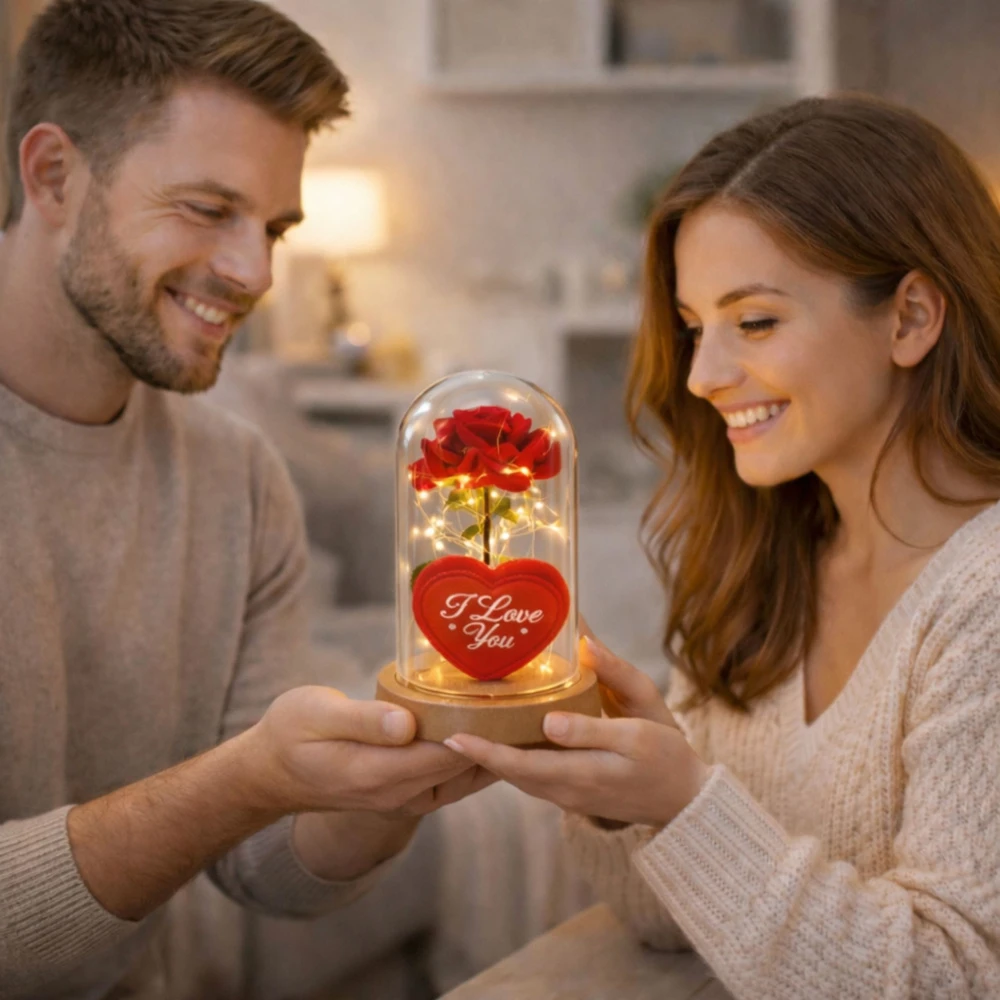 Lean Amžinoji rožė LED apšvietimo kupole su širdimi ir „Love“ užrašu