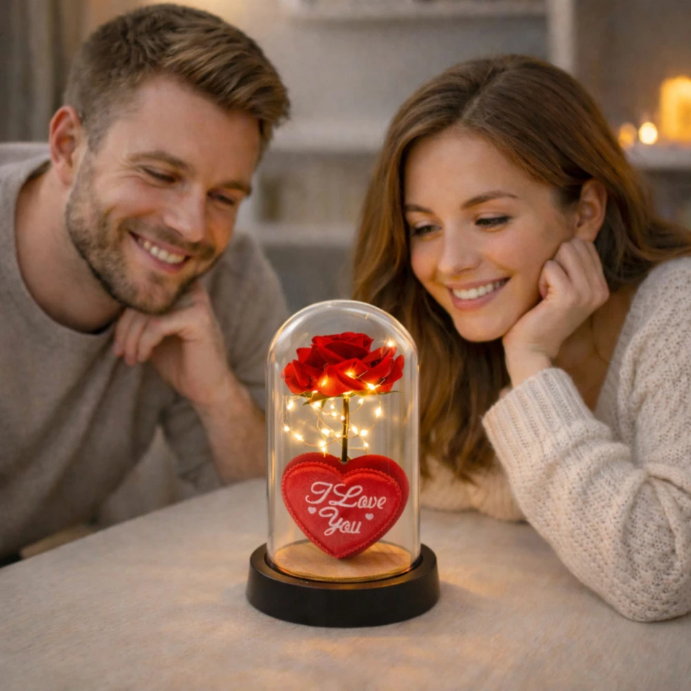 Lean Amžinoji rožė LED apšvietimo kupole su širdimi ir „Love“ užrašu