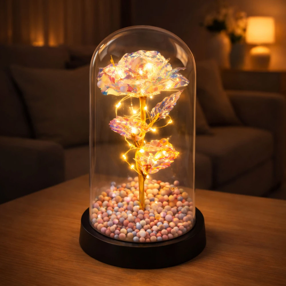 Lean Amžina rožė stikliniame kupole, LED krištolinis šviestuvas, 21,5 x 11 cm