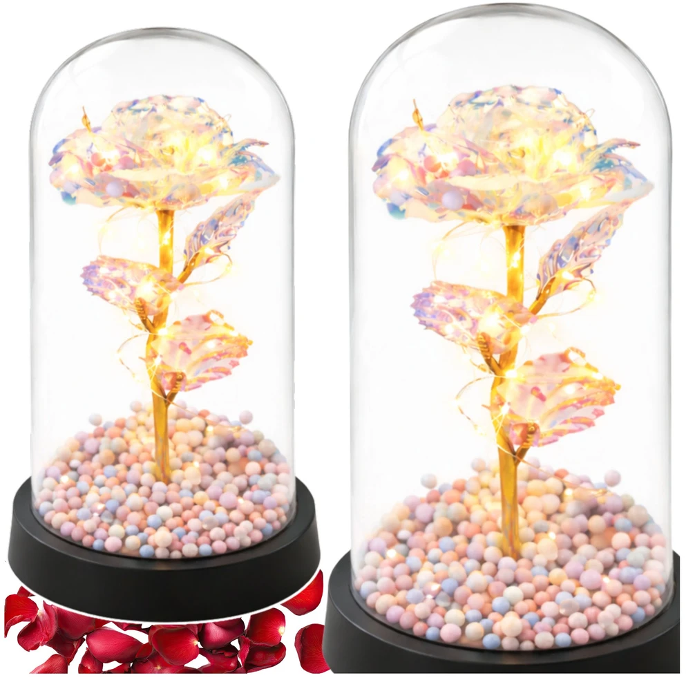 Lean Amžina rožė stikliniame kupole, LED krištolinis šviestuvas, 21,5 x 11 cm