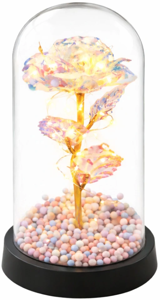 Lean Amžina rožė stikliniame kupole, LED krištolinis šviestuvas, 21,5 x 11 cm
