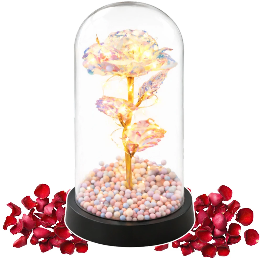 Lean Amžina rožė stikliniame kupole, LED krištolinis šviestuvas, 21,5 x 11 cm