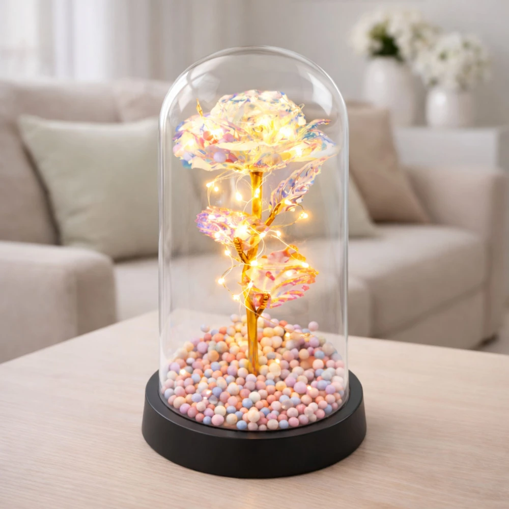 Lean Amžina rožė stikliniame kupole, LED krištolinis šviestuvas, 21,5 x 11 cm
