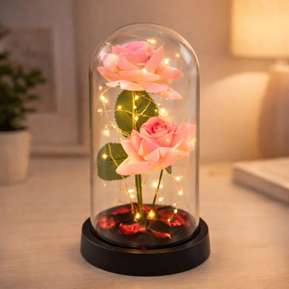 Lean Rožinė Eternal Roses in Dome with LED apšvietimas and Rose Petals Rožinė 21x11cm