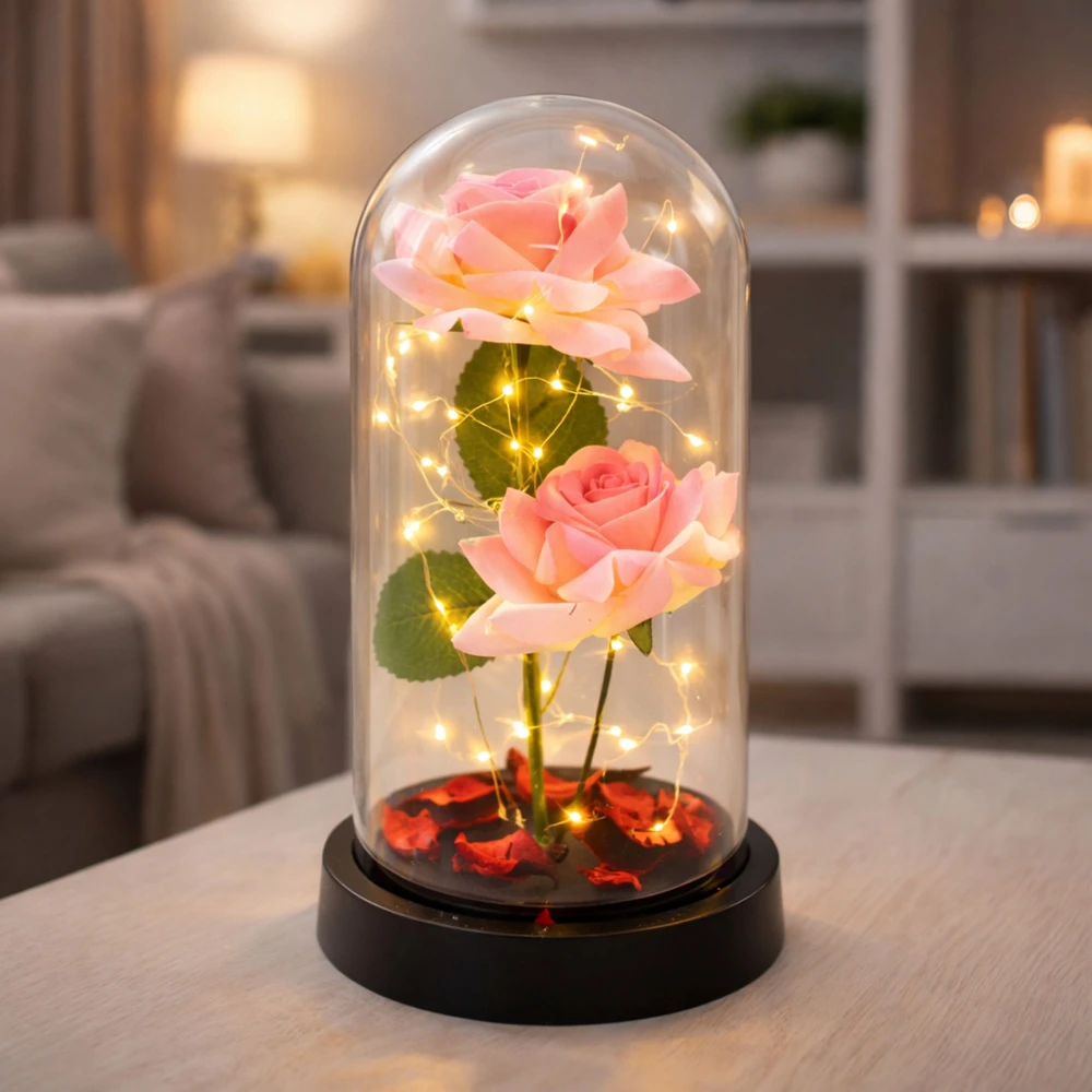 Lean Rožinė Eternal Roses in Dome with LED apšvietimas and Rose Petals Rožinė 21x11cm