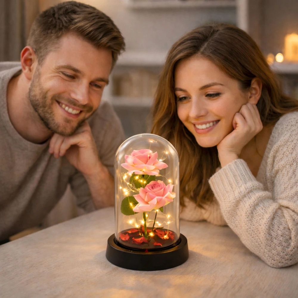 Lean Rožinė Eternal Roses in Dome with LED apšvietimas and Rose Petals Rožinė 21x11cm