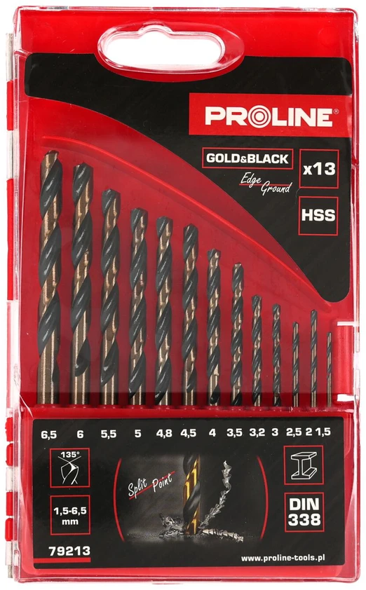 Grąžtas Wiertła Grąžtai metalui, HSS, DIN338, šlifavimui, trumpi, 13 vnt. (1,5–6,5 mm), prolinas